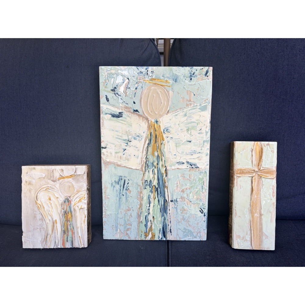 Set of 3 Abstract Religious Mini Canvas Paintings Angels And Cross